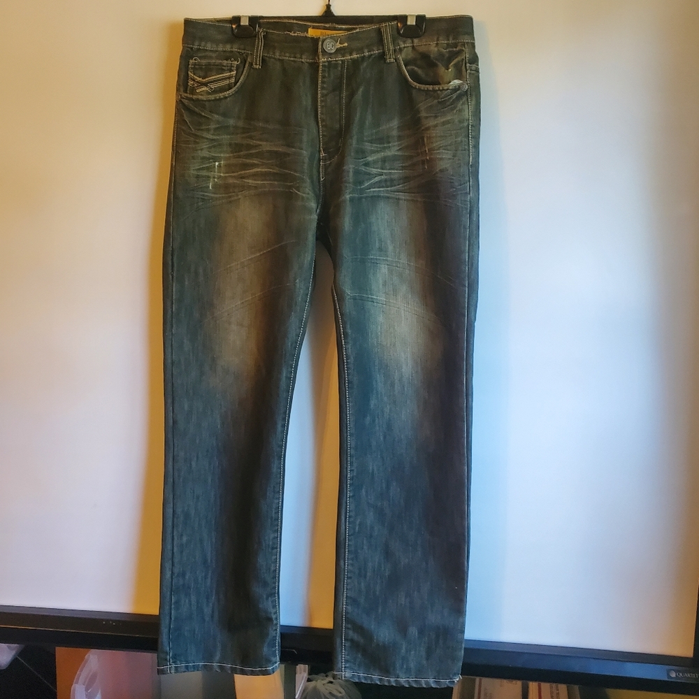 BLUE CULT DENIMS MEN'S JEANS PANTS BLACK/GRAY EMBELLISH STITCH COTTON SIZE 36